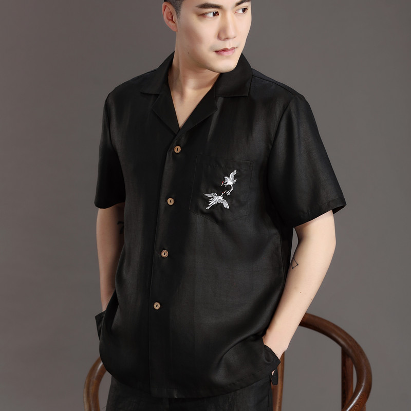 Xiangyunsha men's short-sleeved young and middle-aged silk shirts Tang suit Hanfu men's summer silk Chinese business men's clothing