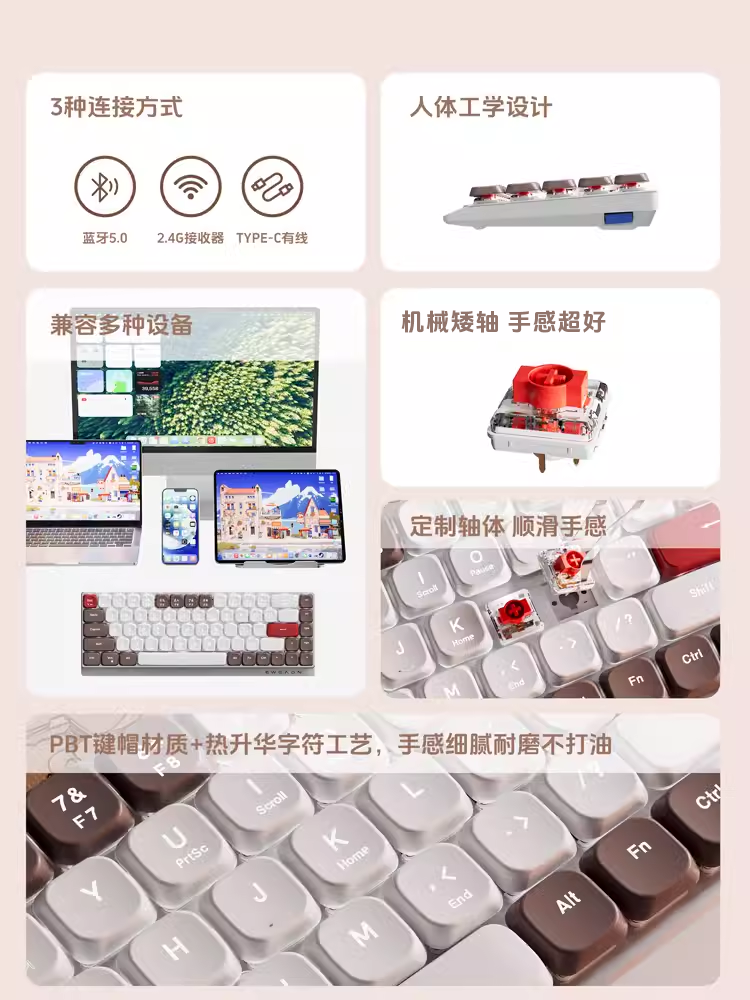 Forerunner Mk68 Low-Profile Mechanical Keyboard Wireless Bluetooth Office Silent Keyboard for Women Workstation Portable iPad