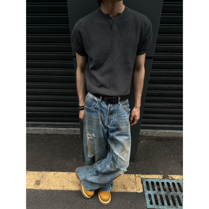 Masonsoul American-Style Henry Collar Short-Sleeve T-Shirt, Old Money Aesthetic, Tough Guy Casual Waffle Button Top