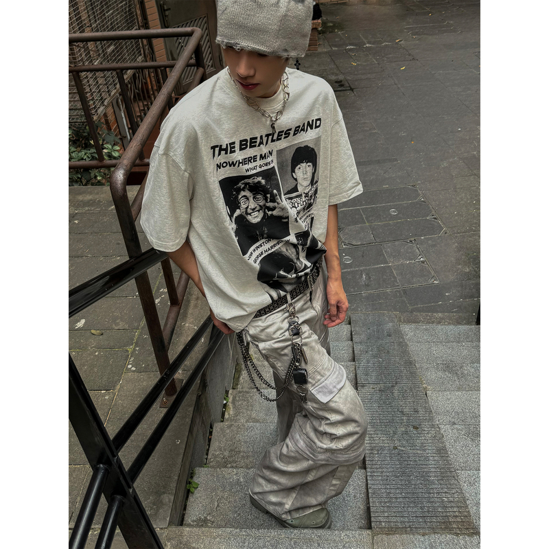 Masonsoul Retro Band Character Digital Direct-Print Cleanfit Short-Sleeve T-Shirt Short Wide Fit ins Top