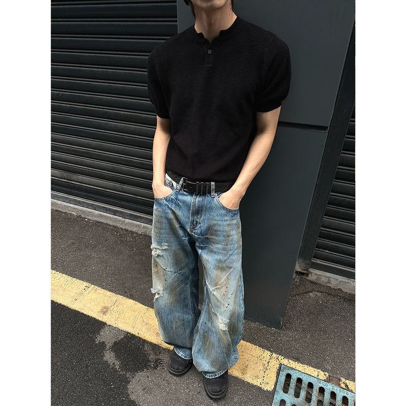Masonsoul American Retro Heavyweight Henry Collar Slim-Fit Short-Sleeve T-Shirt for Men, Versatile ins Old Money Style Top