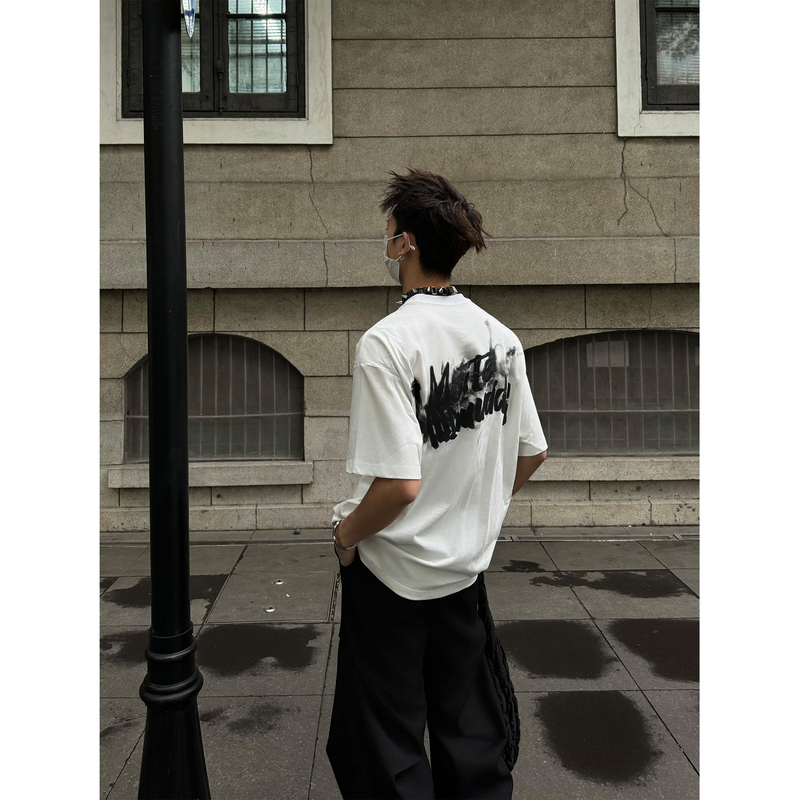 Masonsoul American-Style Smoky Letter Design Short-Sleeved T-Shirt for Men and Women, Sports and Leisure ins Top