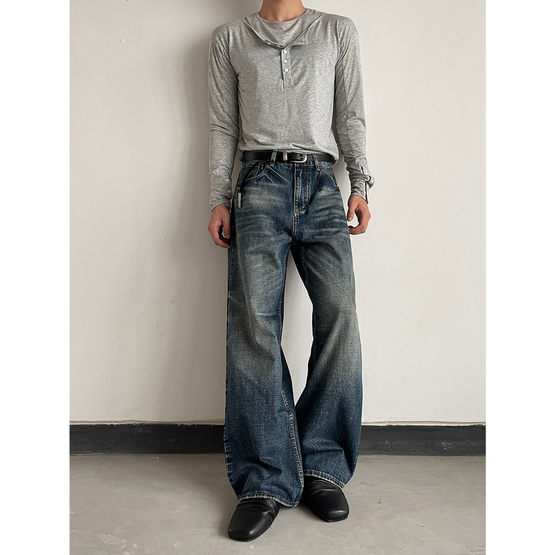 Masonsoul Vintage Washed Cool and Sophisticated Jeans with a Street-Style Niche Design and Whiskered Straight-Leg Pants