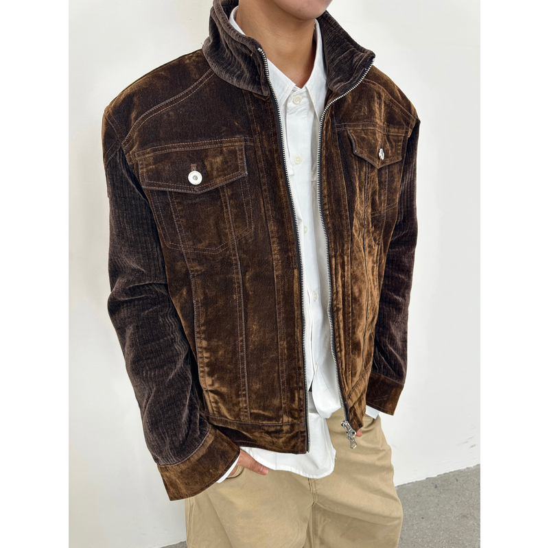 Btsg High-End Harrington Textured Zip-Up Jacket, Loose Fit, Regular Shoulder, Short Wide Corduroy Stand Collar Coat