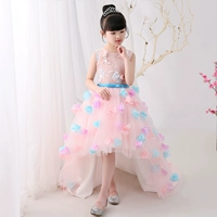 Váy công chúa màu hồng cô gái fluffy sợi trẻ em mẫu catwalk showtail dạ hội chủ nhà trang phục piano mùa hè đồ bé gái