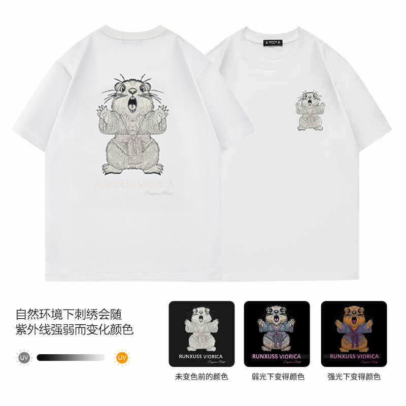 UNXU トレンドブランド カンフーグラウンドホッグ カラーチェンジ刺繍 純綿 ラウンドネック Tシャツ メンズ 夏 カップル オールマッチ 通気性 トップス