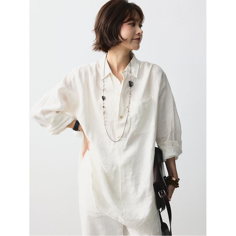 Xinmiao Red and White Pure Linen Pullover Long-Sleeve Shirt, Skin-Friendly, Minimalist, Commuter Style, Relaxed and Laid-Back