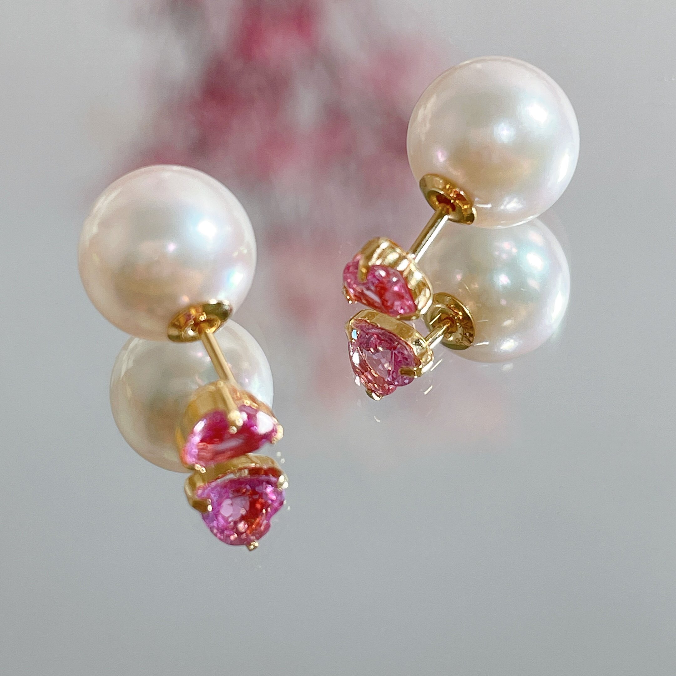 Japanese craft Spring Festival new limited 18k ruby heart elegant temperament Agoya sea pearl drop earrings