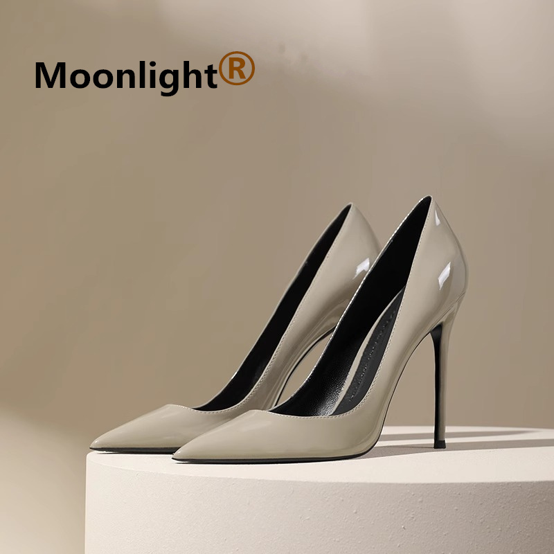 Pointed-Toe High-Heeled Shoes for Women 2024 Spring New Style Gray Elegant Matching Skirt Stiletto Professional Commuting Patent Leather Shallow Mouth Single Shoes