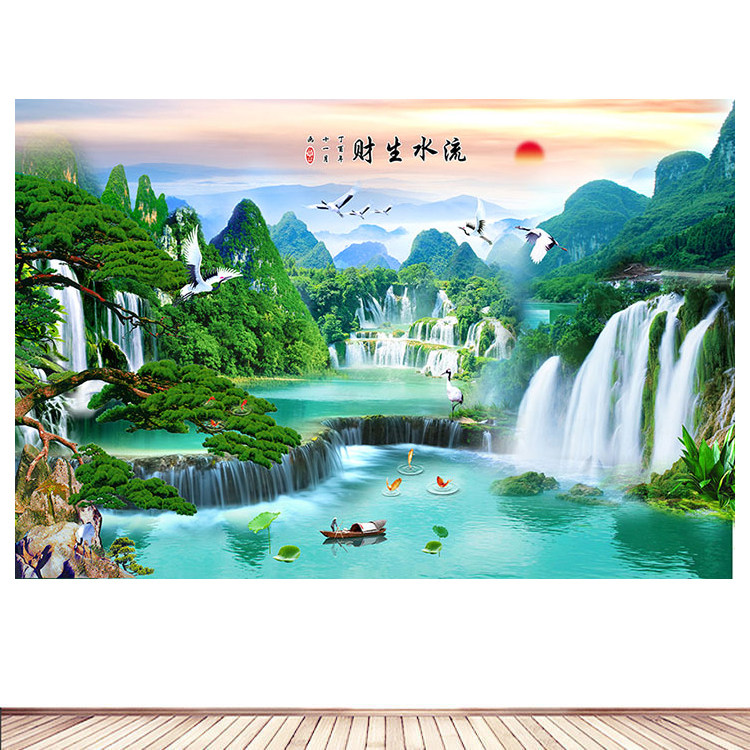 流水生財瀑布裝飾畫客廳背景墻貼聚寶盆招財風水畫旭日東升自
