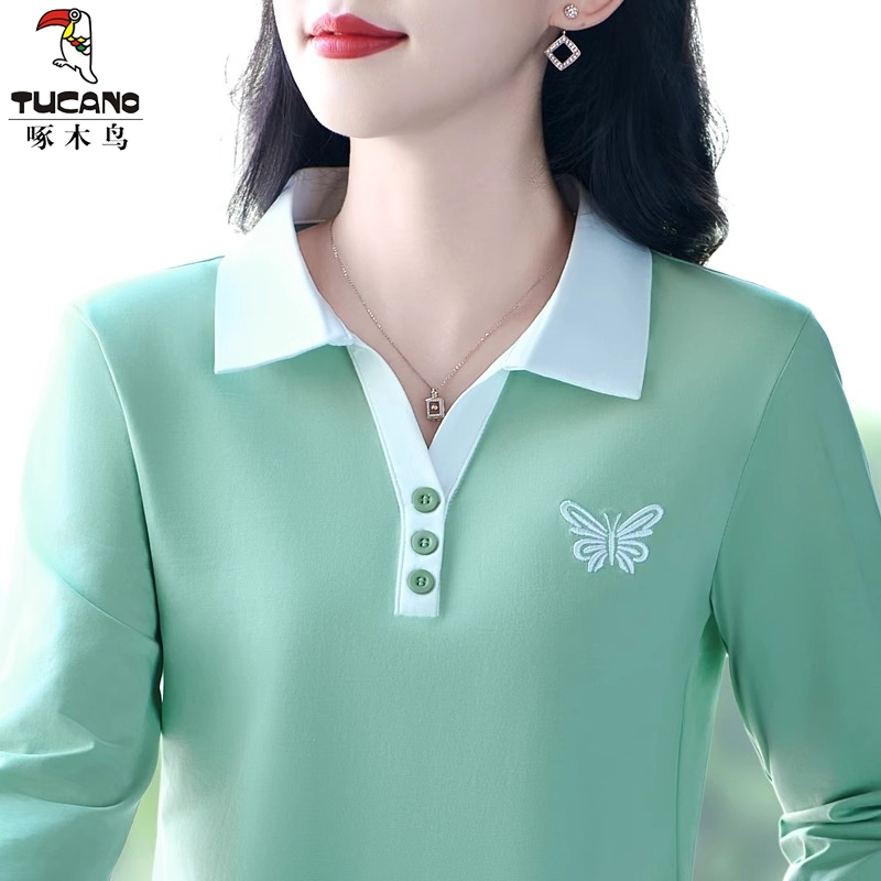 Clearance Sale Brand Discount Woodpecker Pure Cotton Casual Patchwork Color-Block Top Fashionable Polo Collar Long Sleeve Spring and Autumn