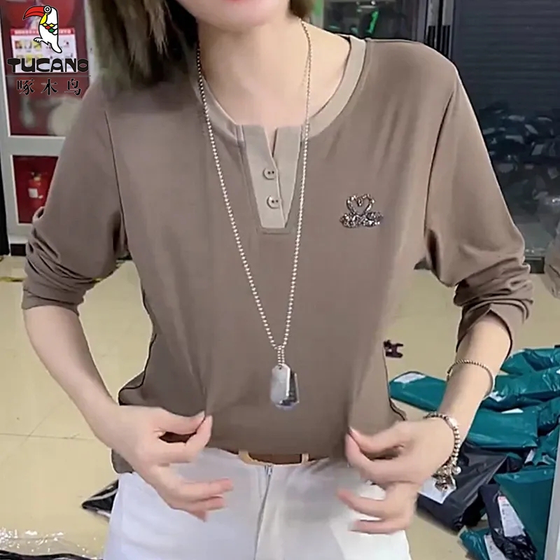 Clearance Sale: Woodpecker Brand Special Price Pure Cotton New Simple Loose Slimming Top Autumn Versatile Casual T-Shirt