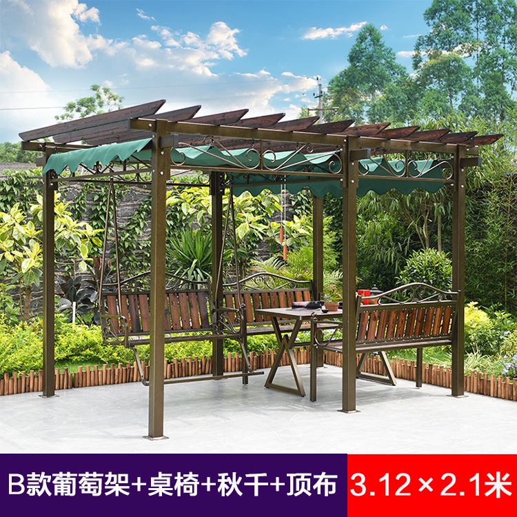 [B Grape Trellis + Swing + Table And Chair + Top Cloth] & 3.12 * 2.1Moutdoors grape trellis pavilion Wooden house Anticorrosive wood Pavilion courtyard garden Iron art Sunshade leisure time swing Tables and chairs Awning