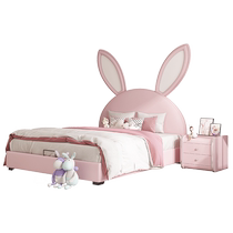 Femax childrens bed girls princess bed genuine leather environmentally friendly solid wood internet celebrity pink cute rabbit bed girls bed