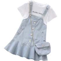 女童牛仔背带裙套装夏季儿童连衣裙小女孩2024新款短袖两件套裙子