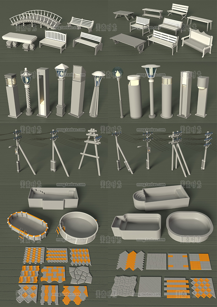 图片[9]-c4d户外公园建筑游乐设施亭子小桥喷泉秋千座椅blender模型3d素材-cg男孩