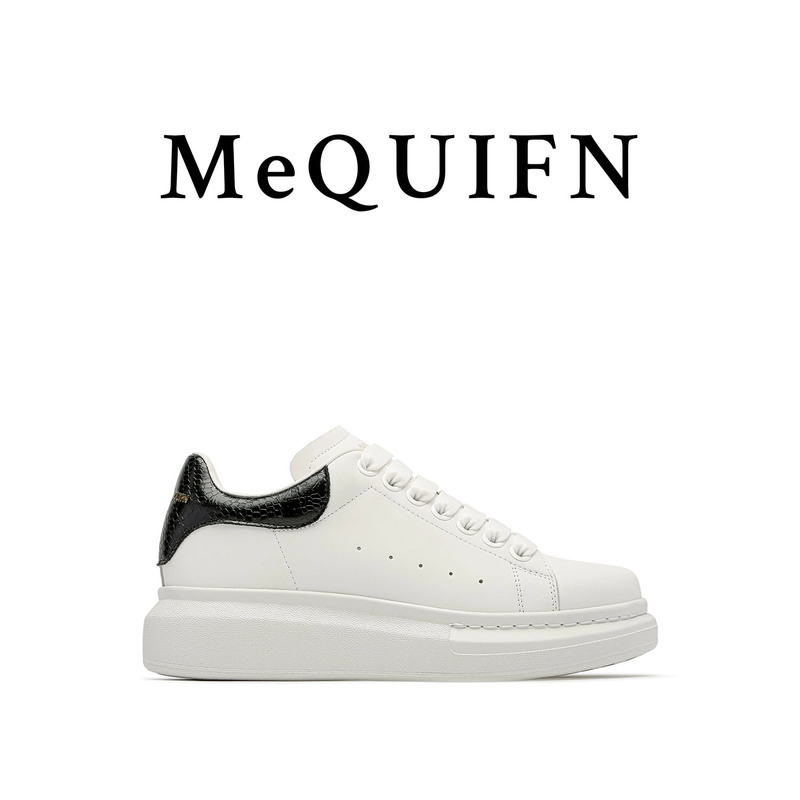 Mequifn Mcqueen [Genuine Leather] Men's and Women's Classic White Black-Heeled 2025 Autumn and Winter Sports and Leisure White Shoes