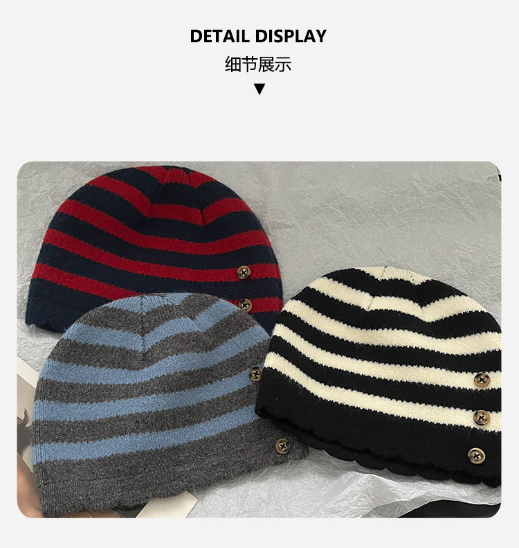 Retro Color-Block Gestreifte Strickmützen mit Knopfverzierung Unisex Damen Herren Winter Warme Streetwear Lässige Slouchy Skullies Mütze – Detail 3