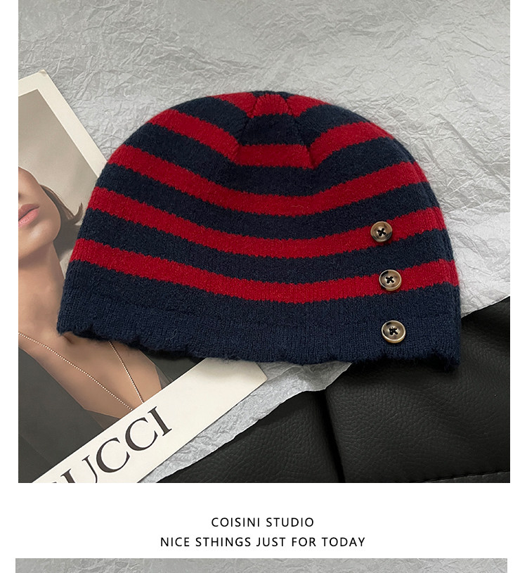 Retro Color-Block Gestreifte Strickmützen mit Knopfverzierung Unisex Damen Herren Winter Warme Streetwear Lässige Slouchy Skullies Mütze – Detail 9