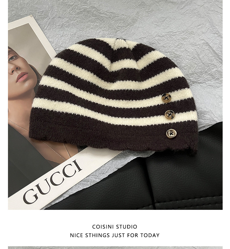 Retro Color-Block Gestreifte Strickmützen mit Knopfverzierung Unisex Damen Herren Winter Warme Streetwear Lässige Slouchy Skullies Mütze – Detail 11