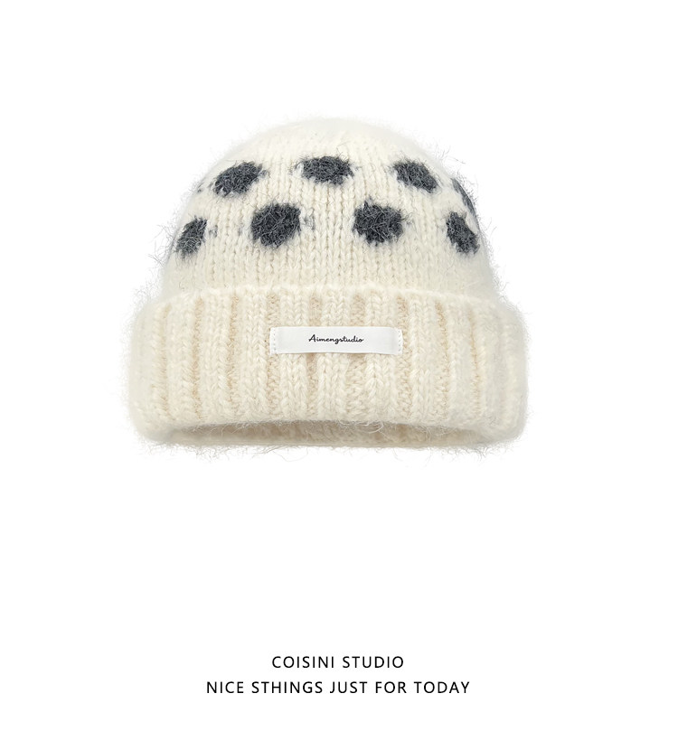 Koreanische Retro-Strickmützen mit Kontrastfarbenen Polka Dots für Männer und Frauen, Winter, dick, warm, Ohrenschutz, Slouchy Skullies Mütze – Detail 9