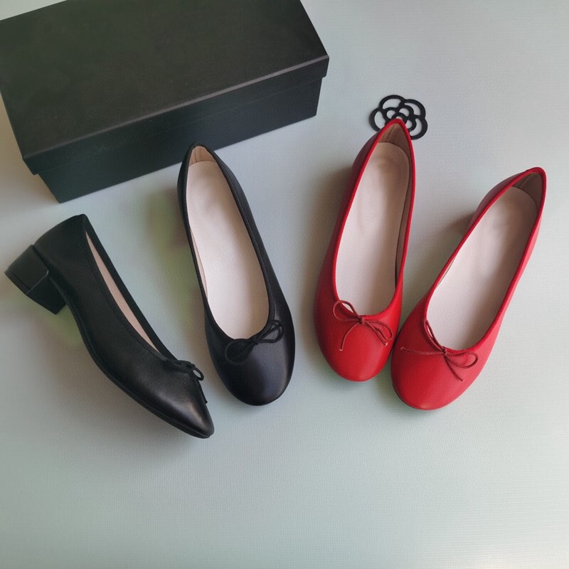 Original Single Order~ Women's Shoes French Chunky Heel Round Toe Flats Genuine Leather Bow Mid-Heel Ballet Shoes Shallow Mouth Little Red Shoes