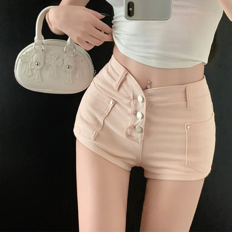 American-Style Spicy Girl Denim Shorts for Women, Summer Pink Dance High-Waisted Slimming Stretchy Petite Tight-Fitting Hip-Hugging Hot Pants
