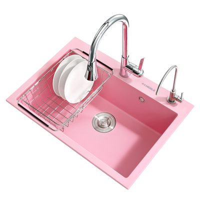 悍高厨房石英石水槽粉色大单槽洗菜盆洗碗池台上台下盆带龙头套餐