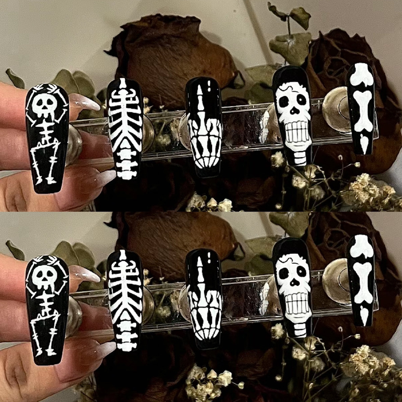 Halloween Wearable Nail Art Skeleton Black and White Bone Nail Stickers Finished Nails European and American Dark Style Cosplay Fake Nail Pieces Halloween Wearable Nail Art Skeleton Black and White Bone Nail Stickers Finished Nails European and American Dark Style Cosplay Fake Nail Pieces