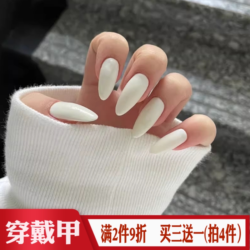 Pointed White Fake Nail Tips, Finished Nail Art, European and American Simple Style, Cosplay, Medium Length, Single Color, Wearable Nail Stickers, Removable