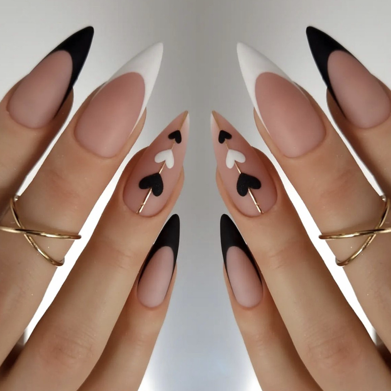 Black and White French-Style Heart-Shaped Almond Pointed False Nails Fakenail Finished Product European and American Style Hot Girl Foreign Trade Fake Nail Tips Black and White French-Style Heart-Shaped Almond Pointed False Nails Fakenail Finished Product European and American Style Hot Girl Foreign Trade Fake Nail Tips