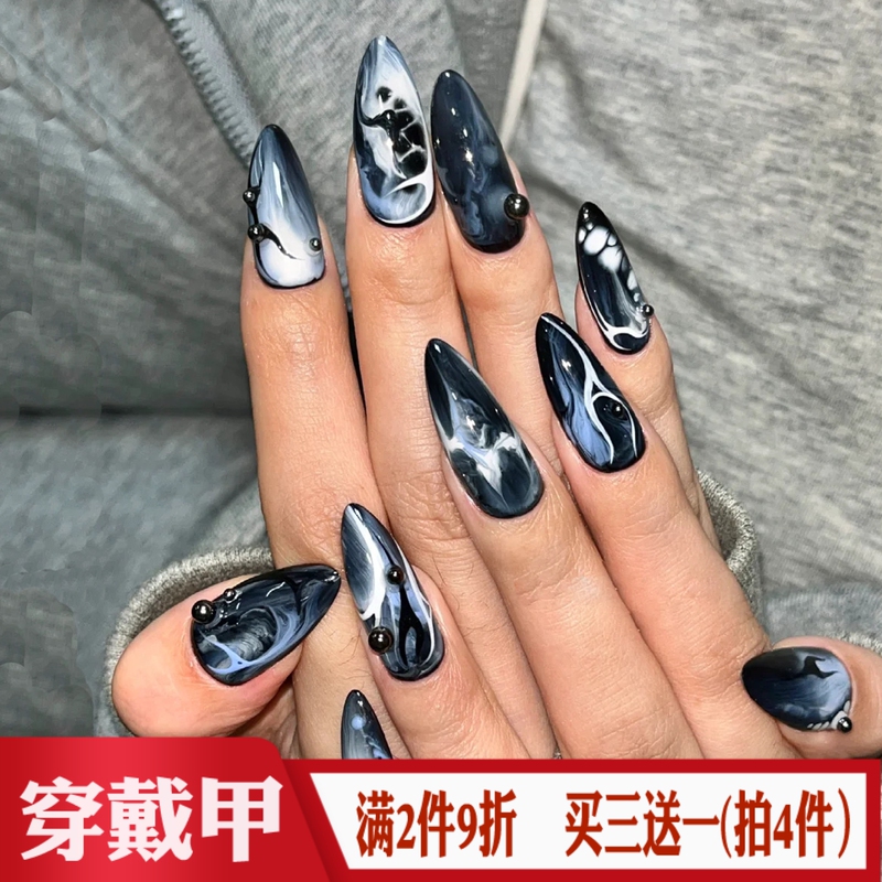 European and American Dark Gothic Style Ink Smudged Wearable Nails, Futuristic Concept Fake Nail Stickers, Almond-Shaped Pointed Finished Nail Pieces European and American Dark Gothic Style Ink Smudged Wearable Nails, Futuristic Concept Fake Nail Stickers, Almond-Shaped Pointed Finished Nail Pieces