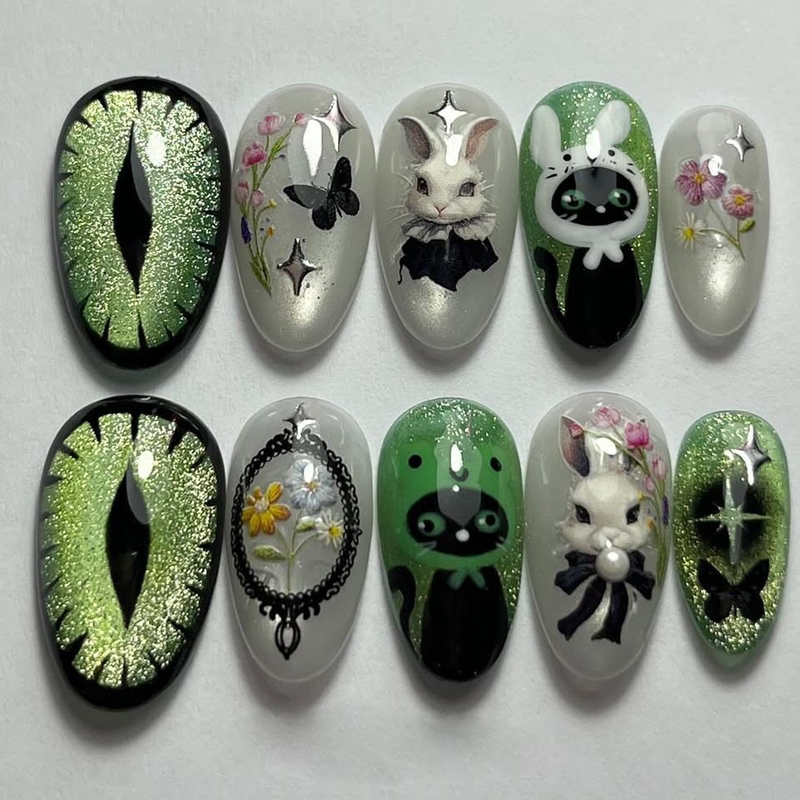 Green Black Cat's Eye Wearable Nails Cross-Border European and American Cartoon Garden Rabbit Nail Stickers Almond Pointed False Nail Tips Green Black Cat's Eye Wearable Nails Cross-Border European and American Cartoon Garden Rabbit Nail Stickers Almond Pointed False Nail Tips