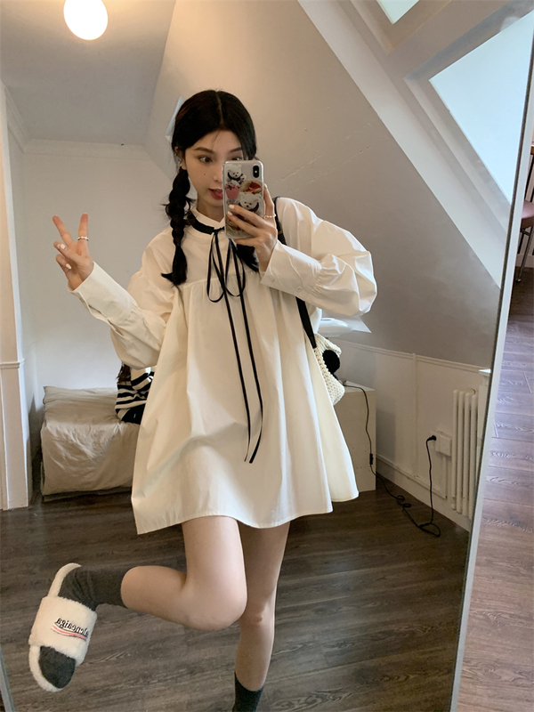 Lazy Style, Sweet and Loose Babydoll Dress, Women's Autumn and Winter Design, Unique Shirt Dress, Flesh-Covering Dress, Short Skirt