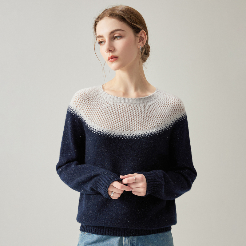 Moream Phantom Pure Cashmere Sweater for Women, Round Neck Pullover, Loose Fit, Thickened, Hollow Knit, Gold Thread Beaded Sweater