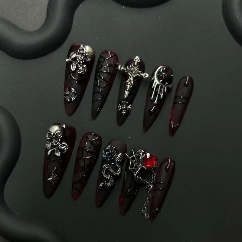 Handmade Wearable Nails, Heavy-Duty Dark Skull Spider Web Solid Metal with Rhinestones, Punk Style Nail Art, Retro European and American Style