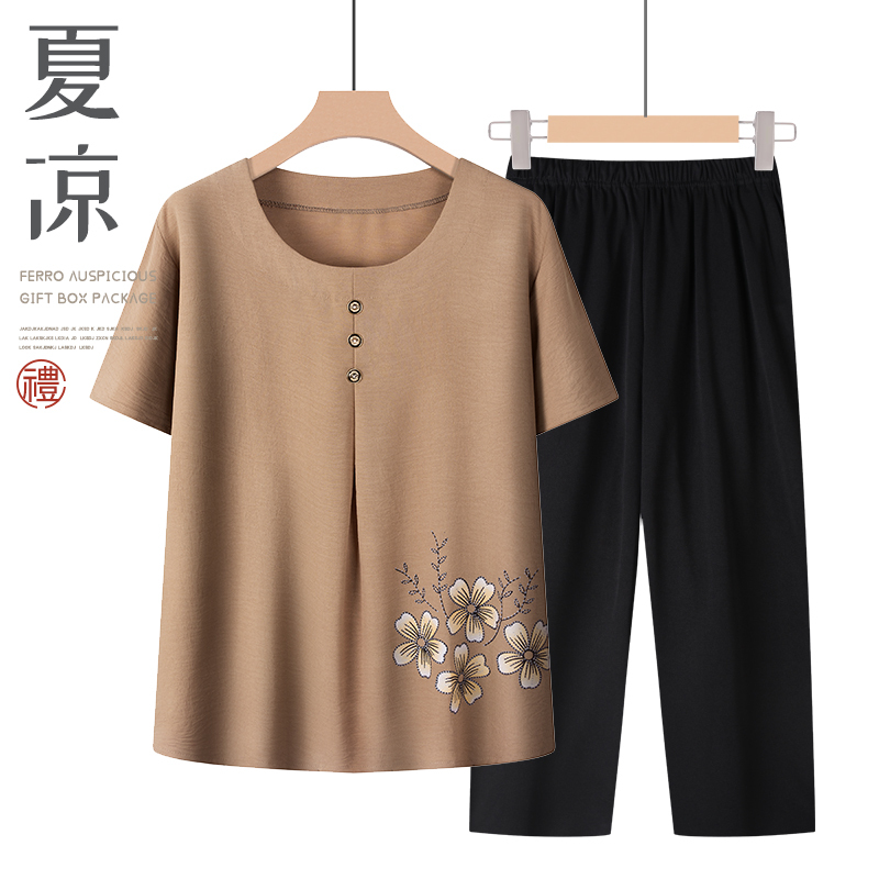 Summer Cotton Silk Suit for Middle-Aged and Elderly Women, Grandma Short-Sleeved Shirt, 60-70 Year Old Mother's Clothing, Two-Piece Set
