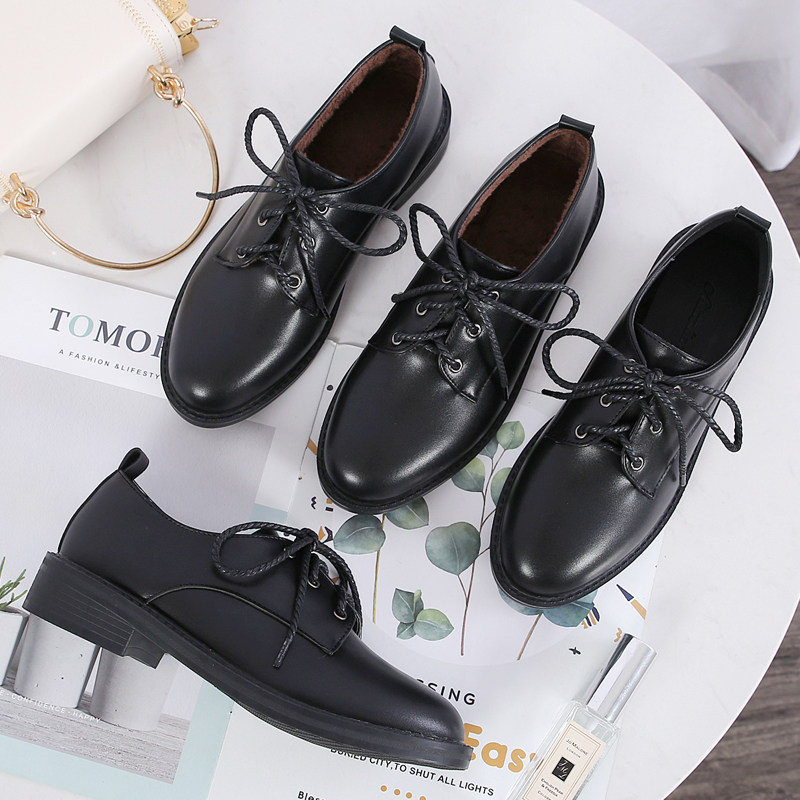 2021 new flat lace-up small leather shoes women's British style retro college black brogue single shoes work shoes