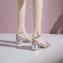 Butterfly Knots Pearl Small Crowd Sandals Women 2021 New Ins Chains Fashion Fairy Wind Fashion heel with a thick heel