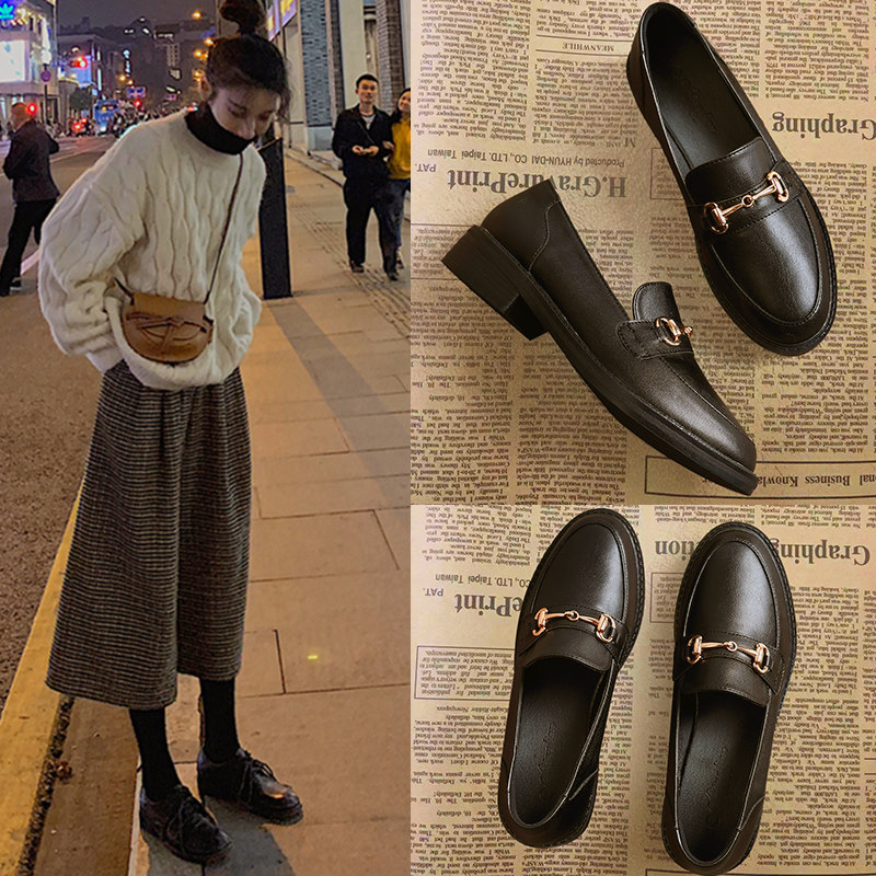 Women's shoes 2021 new small leather shoes women's British style black soft leather work shoes slip-on loafers women's winter fleece