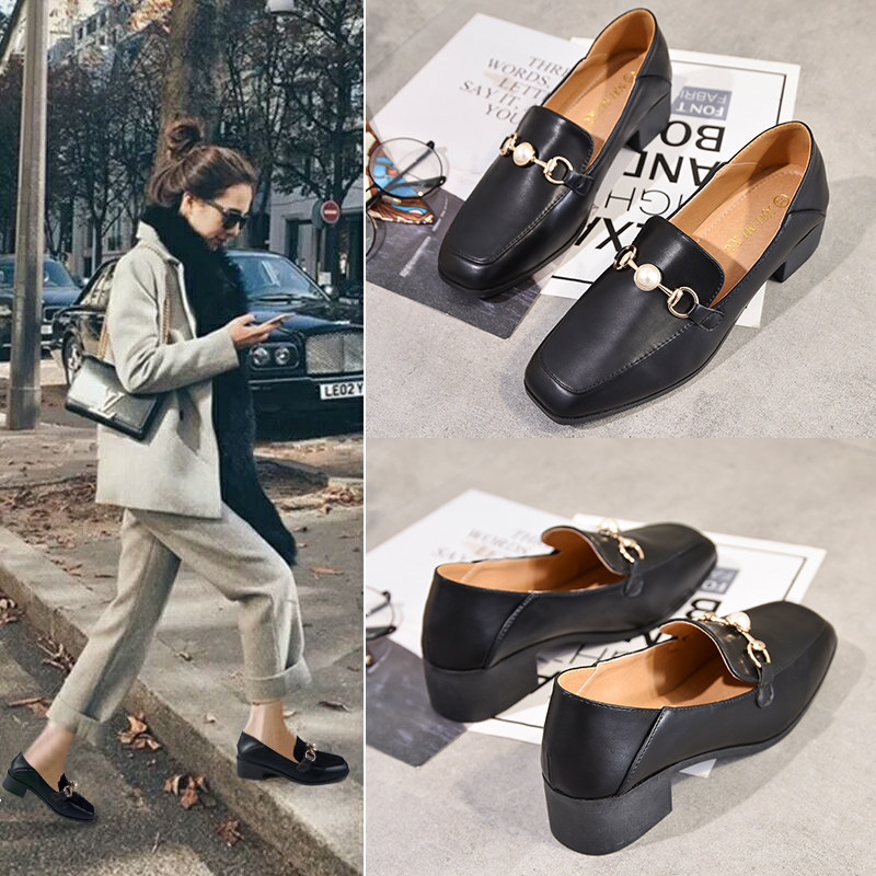 JK women's shoes autumn new all-match height-increasing small leather shoes female British style black thick heel square toe slip-on loafers