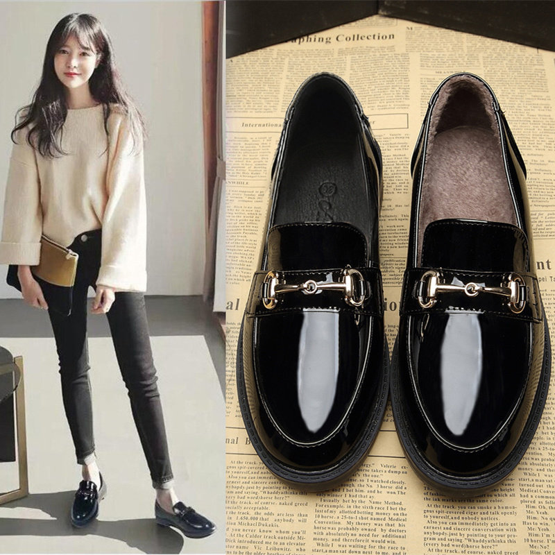 Small leather shoes women's British style women's shoes 2021 new work all-match black slip-on loafer winter fleece