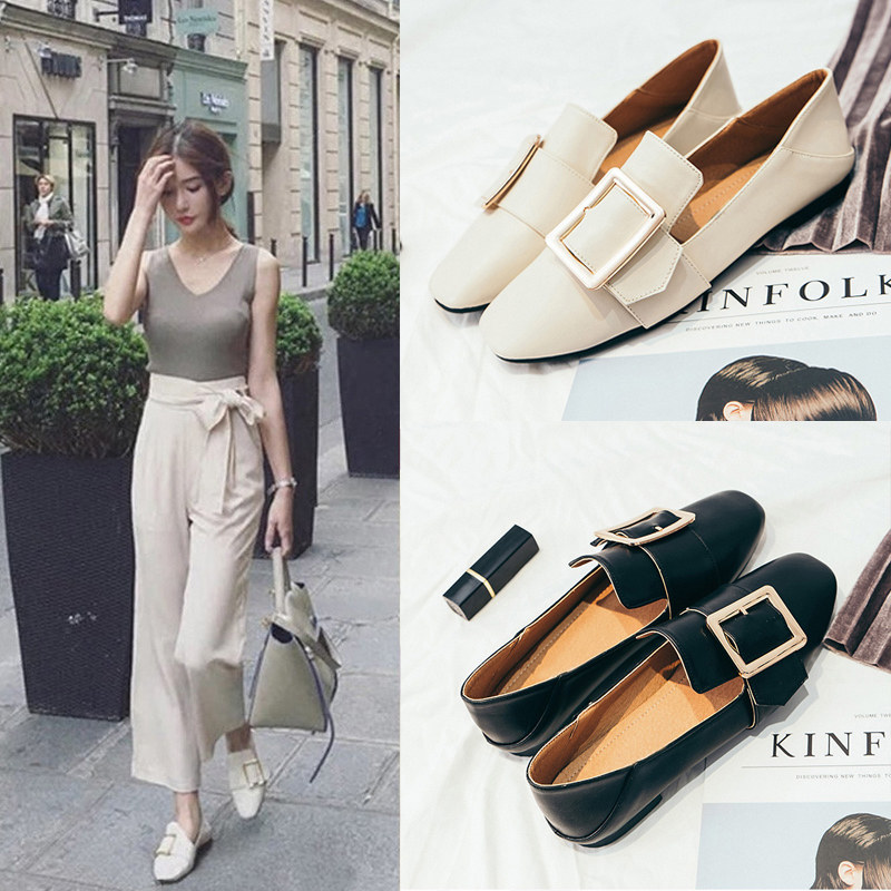 Flat shoes women's 2021 new spring large size autumn social beanie shoes British small leather shoes loafers