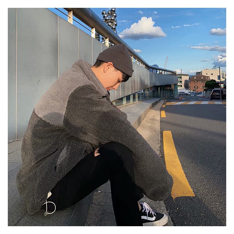1CHEN / mùa đông mới tự chế ins lông cừu ấm lỏng OV cổ cao dày áo đôi cotton quần áo nam thủy triều đồ đôi nam nữ
