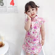 sườn xám mùa hè bông hoa anh đào váy gió Trung Quốc Girls ngắn tay nghiền nát hoa baby Tang váy trẻ Vintage váy.