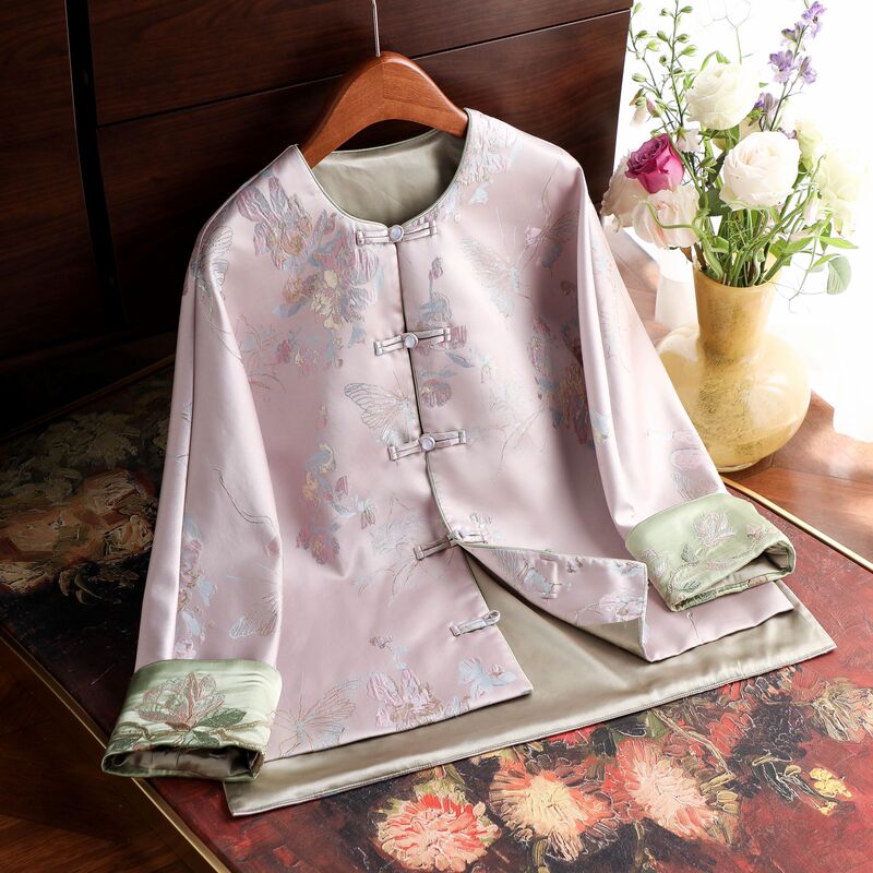 Dream Butterfly New Chinese Style National Style Satin Embroidery Round Neck Brocade High-End Spring Coat for Women