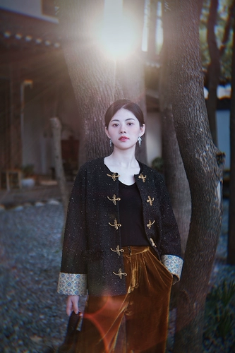 介面 Импортная шелковая куртка, Италия, китайский стиль, в стиле Шанель