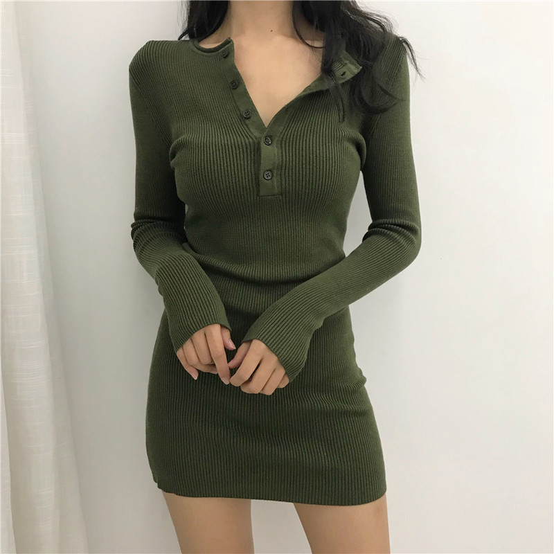 Autumn and Winter Mid-Length Sweater Dress, Hip-Hugging, Tight-Fitting, Slimming, Base Layer, Knitted Dress, Sexy Button-Up at the Chest