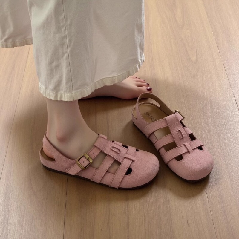 British Genuine Leather Birkenstock-Style Women's Summer 2026 New Closed-Toe Sandals, Hollow Breathable Single Shoes, Woven Pig Cage Roman Shoes