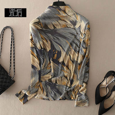 Special # Spring New base layer shirt, women's mesh fashion printed semi-high neck loose large-sized long-sleeved T-shirt top